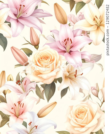 Beautiful pink rose bouquet and seamless floral pattern with isolated white roses 129072482