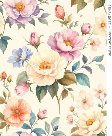 Seamless floral pattern with beautiful spring flowers and leaves, a decorative vector illustration perfect for nature-inspired designs 129072483
