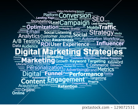 Digital Marketing Strategies Word Cloud. Key Tactics for Online Growth and Brand Impact Digital Marketing Strategies Word Cloud. Key Tactics for Online Growth and Brand Impact 129072531