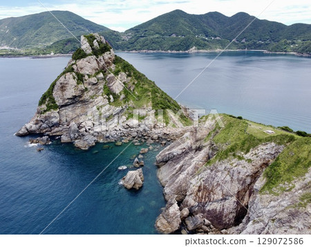 Aerial view of Yakatame Park, Nakadori Island, Nagasaki Prefecture, Japan, with a drone and beautiful coastline 129072586