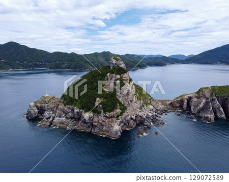 Aerial view of Yakatame Park, Nakadori Island, Nagasaki Prefecture, Japan, with a drone and beautiful coastline Aerial view of Yakatame Park, Nakadori Island, Nagasaki Prefecture, Japan, with a drone and beautiful coastline 129072589