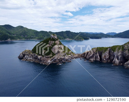 Aerial view of Yakatame Park, Nakadori Island, Nagasaki Prefecture, Japan, with a drone and beautiful coastline Aerial view of Yakatame Park, Nakadori Island, Nagasaki Prefecture, Japan, with a drone and beautiful coastline 129072590