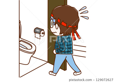 (Full-body rear view) A bespectacled otaku with a stomach ache and pale face rushing to the toilet 129072627