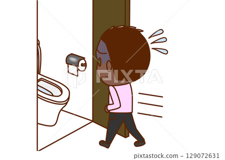 （全身背影）一名非裔男孩因胃痛、臉色蒼白衝向廁所 129072631