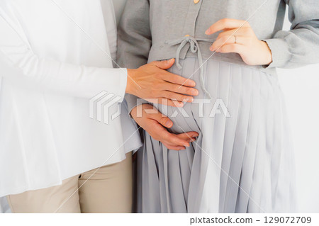 A happy mother and her daughter nearing the end of her pregnancy A happy mother and her daughter nearing the end of her pregnancy 129072709