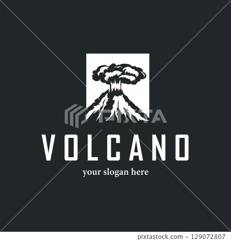 Volcano logo illustration silhouette design volcano mountain erupting with simple rocks and lava 129072807