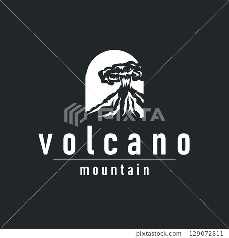 Volcano logo illustration silhouette design volcano mountain erupting with simple rocks and lava Volcano logo illustration silhouette design volcano mountain erupting with simple rocks and lava 129072811