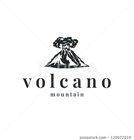 Volcano logo illustration silhouette design volcano mountain erupting with simple rocks and lava 129072819