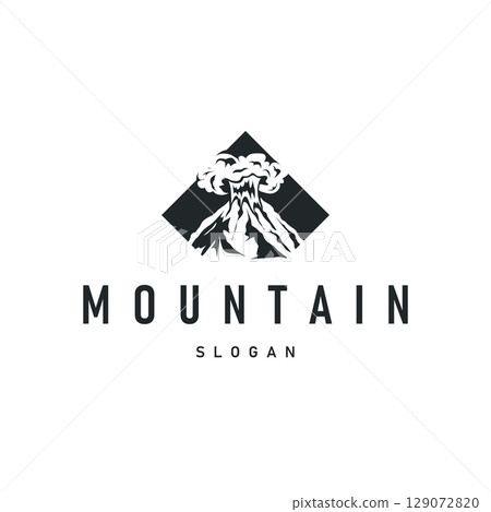 Volcano logo illustration silhouette design volcano mountain erupting with simple rocks and lava Volcano logo illustration silhouette design volcano mountain erupting with simple rocks and lava 129072820