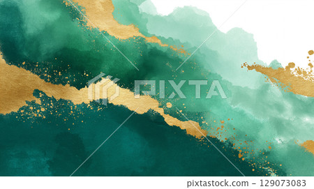 A textured illustration with a watercolor brush background of gently spreading shades of green, accented with elegant gold foil. 129073083