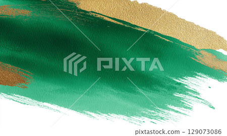 A fantastic watercolor brush texture background illustration of green and gold leaf. A delicate gold sparkle on a calm green shade. 129073086