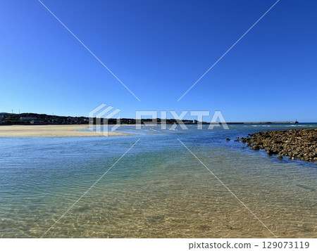Aerial view of Shiraragahama beach in summer on Fukue Island, Nagasaki Prefecture, Japan 129073119