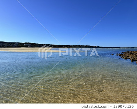 Aerial view of Shiraragahama beach in summer on Fukue Island, Nagasaki Prefecture, Japan 129073126