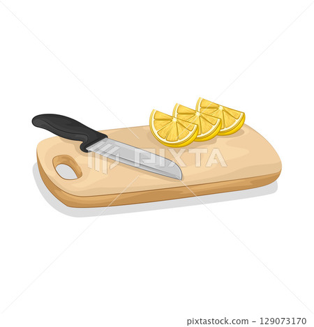 Illustration of Lemon slices on a cutting board 129073170