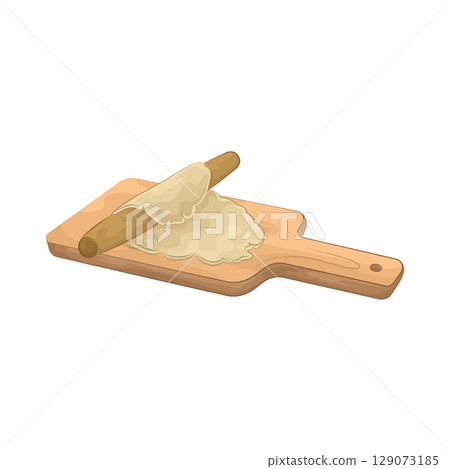 Illustration of Rolling dough on a wooden cutting board 129073185