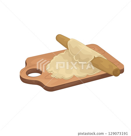 Illustration of Rolling dough on a wooden cutting board 129073191