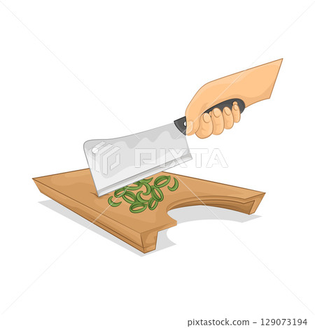 Illustration of Slicing spring onions on a chopping board 129073194