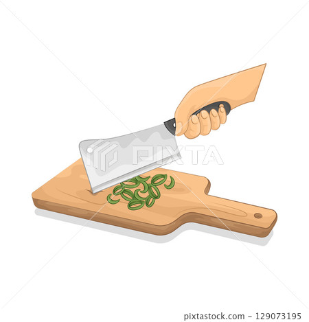 Illustration of Slicing spring onions on a chopping board Illustration of Slicing spring onions on a chopping board 129073195