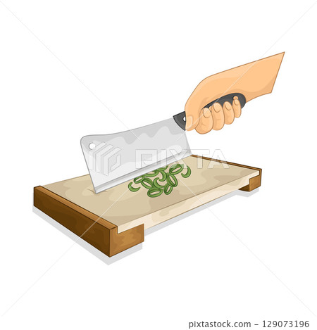 Illustration of Slicing spring onions on a chopping board Illustration of Slicing spring onions on a chopping board 129073196