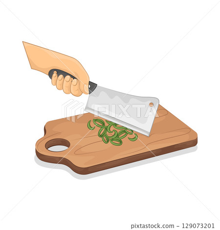 Illustration of Slicing spring onions on a chopping board Illustration of Slicing spring onions on a chopping board 129073201