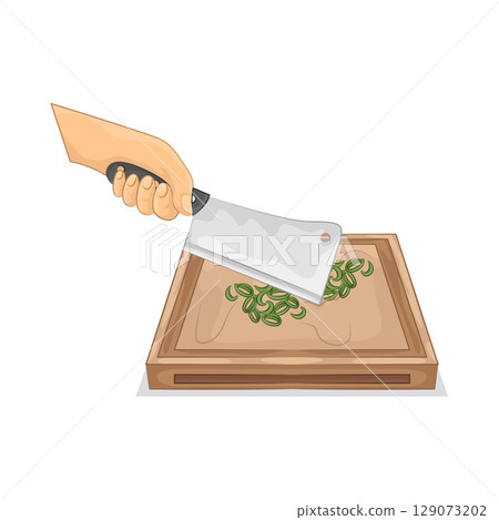 Illustration of Slicing spring onions on a chopping board 129073202