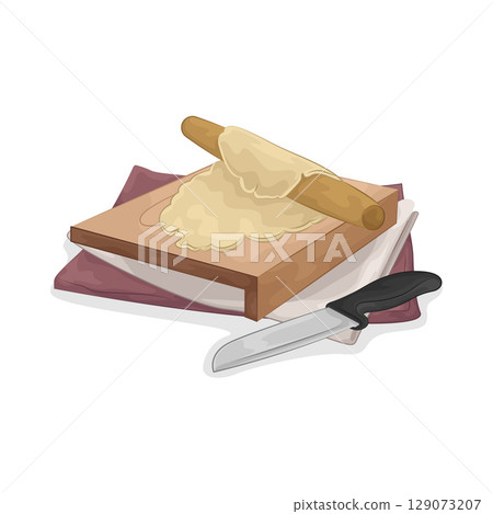 Illustration of Rolling dough on a wooden cutting board 129073207