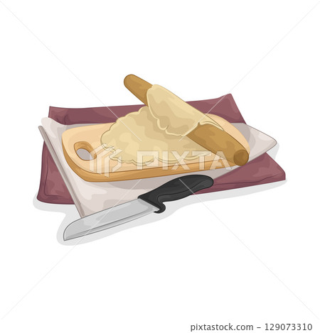 Illustration of Rolling out fresh dough on a wooden cutting board 129073310