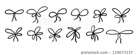 Crayon hand drawn bow set. Black doodled ribbon bows collection. Textured scribbled brush stroke elements pack for gift, present, package decoration. Sketched chalk pastel tied knots bundle. Vector 129073337