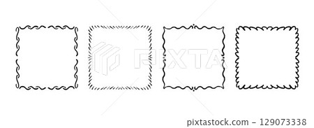 Square hand drawn wavy frame set. Different black ribbon border collection. Vector doodled lace cadre frames. Curved squiggly border pack for invitation, wedding party, birthday, greeting card design 129073338