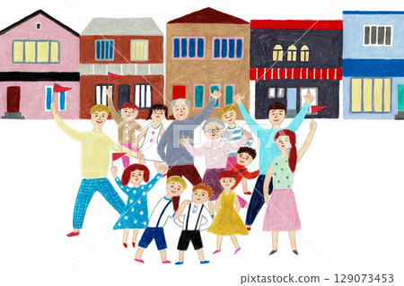 Hand-drawn illustration: Smiling people waving and a residential area 129073453