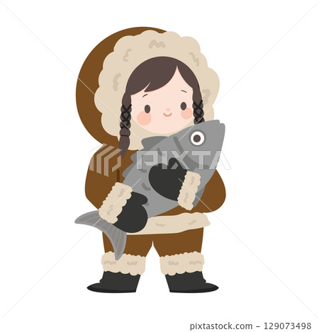 Illustration of Eskimo Girl Holding Fish 129073498
