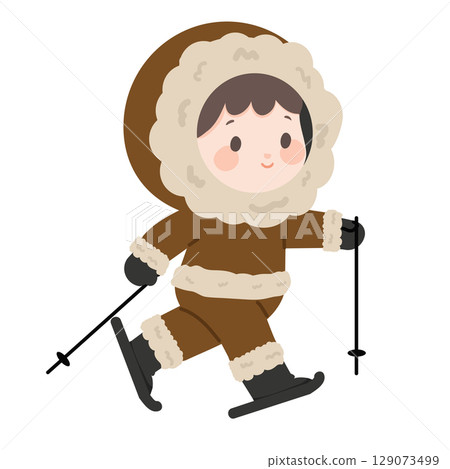 Illustration of Eskimo Skiing in Winter 129073499