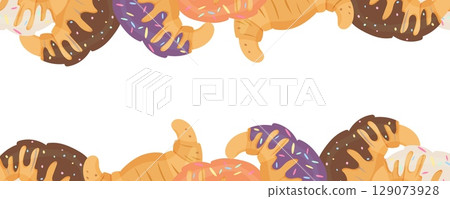 Seamless border with colorful glazed croissants on top and bottom 129073928