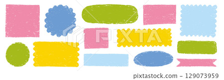 Doodle brush crayon shape frame set. Hand drawn paint box, circle border label, pastel text frame in rough chalk brush texture. Cute color scribble square, round shape background. Vector 129073959