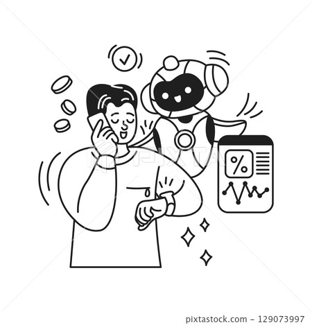 Man Using Smartphone with Friendly Robot Man Using Smartphone with Friendly Robot 129073997