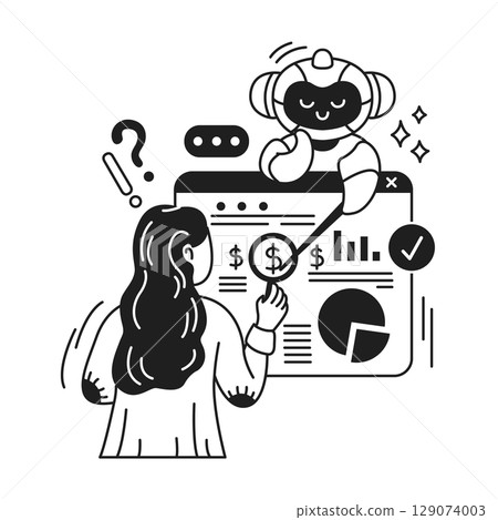 Woman Interacting with Analytical Robot on Screen 129074003