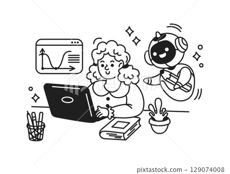 Woman and Robot Collaborating on Computer Work Woman and Robot Collaborating on Computer Work 129074008