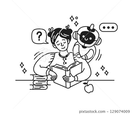 Smiling Girl Reading with Robot Companion 129074009