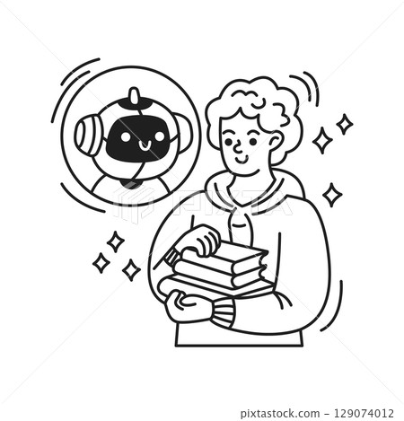 Line Art of Student with Books and Smiling Robot Line Art of Student with Books and Smiling Robot 129074012