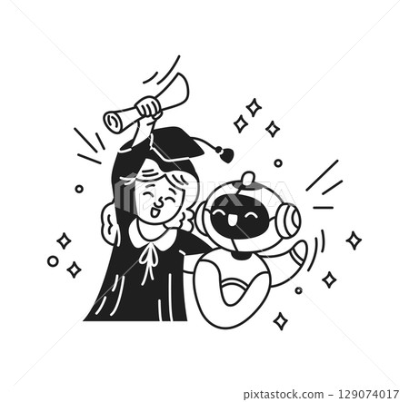 Graduate with Robot Celebrating Achievement 129074017