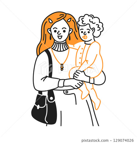 Mother with Child in Minimalist Orange Illustration 129074026