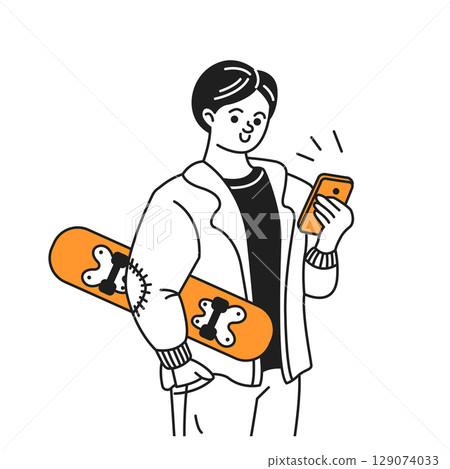Young Skater Checking Smartphone Illustration 129074033