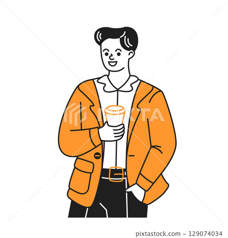 Illustration of Smiling Man Holding Coffee Cup 129074034