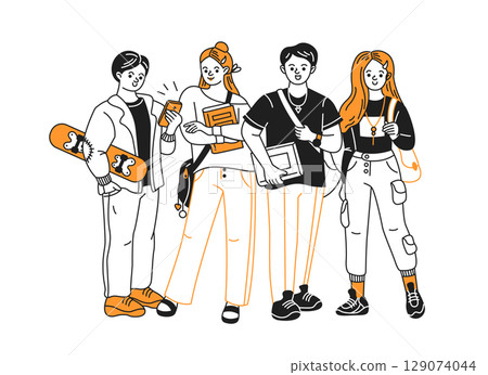 Group of Teenagers Hanging Out with Gadget and Book 129074044