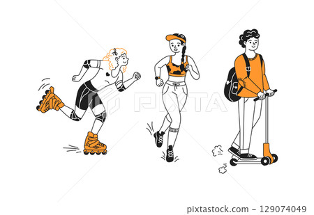 Active People Rollerblading Running and Scootering Active People Rollerblading Running and Scootering 129074049