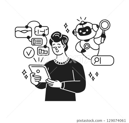 Illustration of Person and Robot with Tablet Illustration of Person and Robot with Tablet 129074061