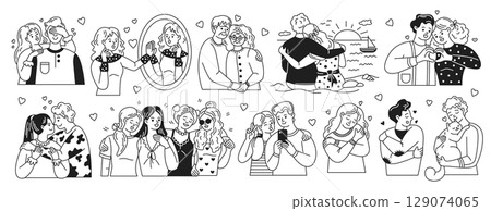 Black and White Illustrations of Happy Couples 129074065