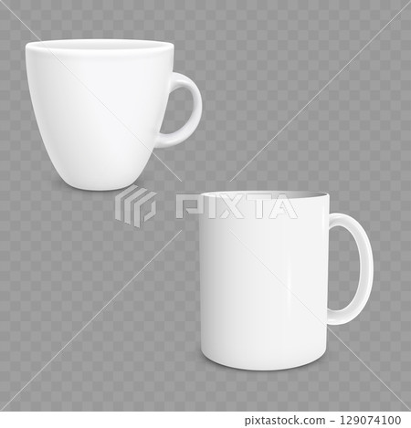 White Ceramic Coffee Cup and Mug Set Mockup. Realistic. Vector 129074100