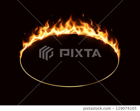 Circular golden ring with vibrant flames in darkness 129074105
