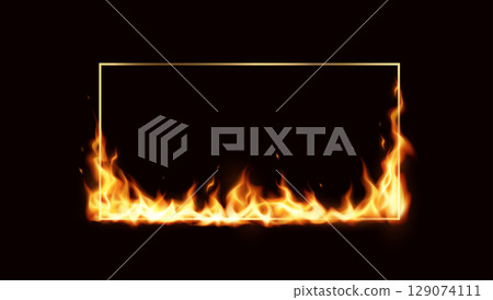 Rectangular Frame with Fiery Border on Black Background 129074111